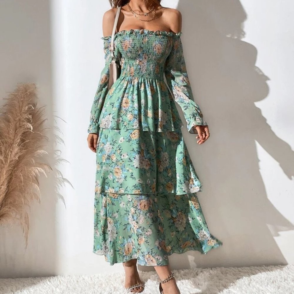 green Off The Shoulder Shirred Layered Hem Floral Printed Dress - Picture 8 of 8